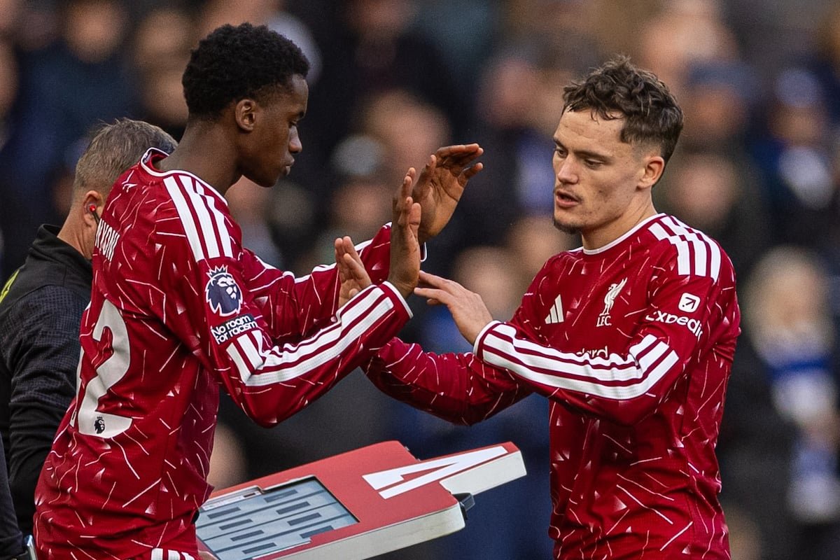 LIVERPOOL, ENGLAND - Sunday, October 24, 2026: Liverpool's Florian Wirtz is substituted for Trey Nyoni during the FA Premier League match between Liverpool FC and Brighton & Hove Albion FC at Anfield. Liverpool won 2-0. (Photo by David Rawcliffe/Propaganda)
