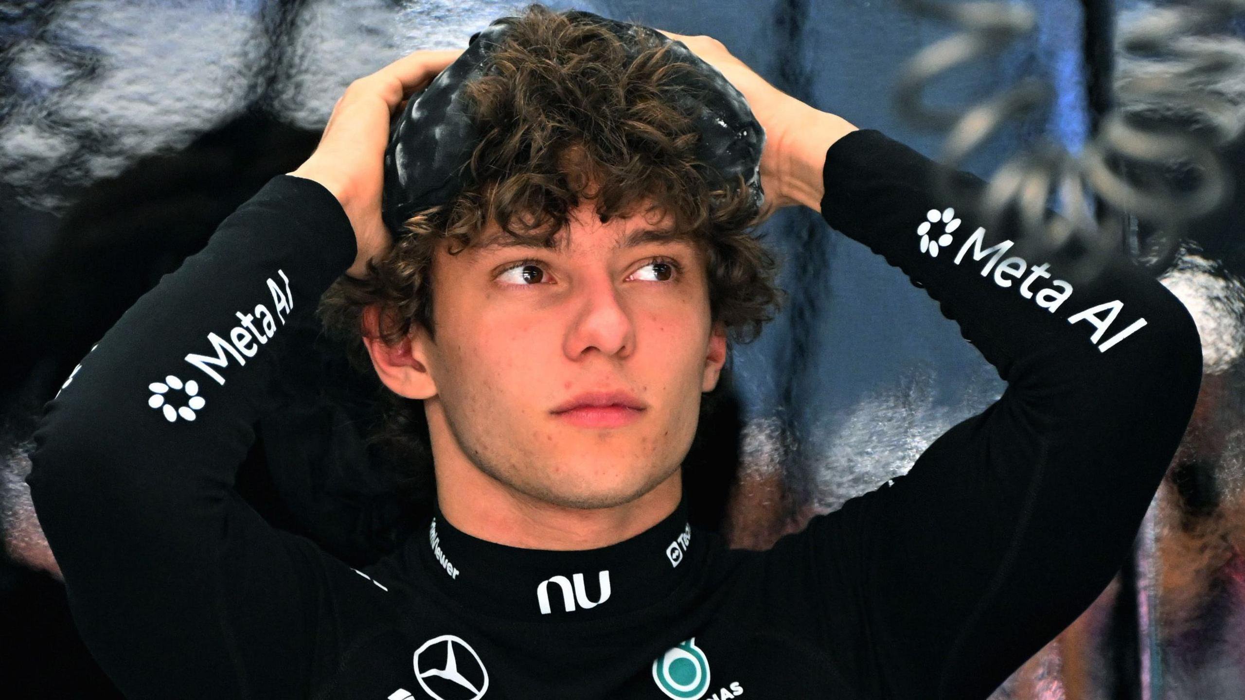 Mercedes' driver Kimi Antonelli with his hands on his head in the pits during US Grand Prix practice
