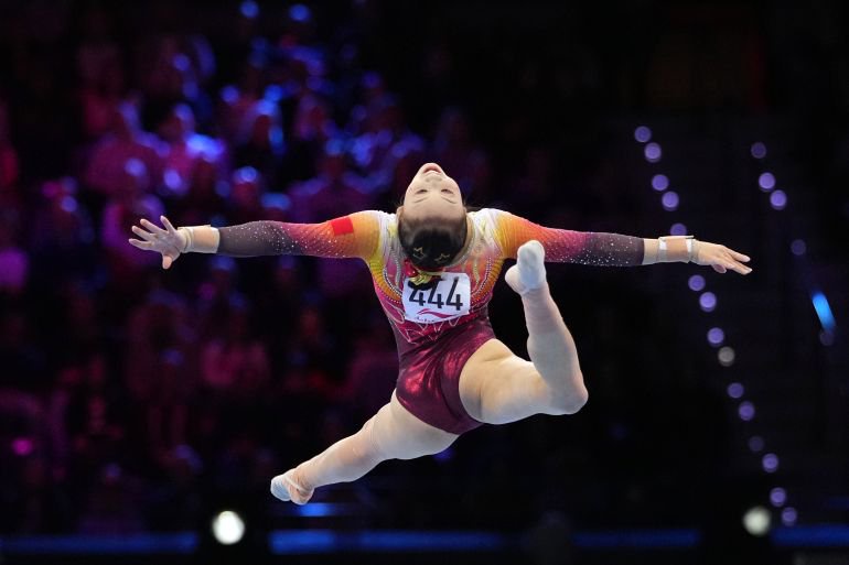 Qiu Qiyuan, of China, competes in the floor exercise.