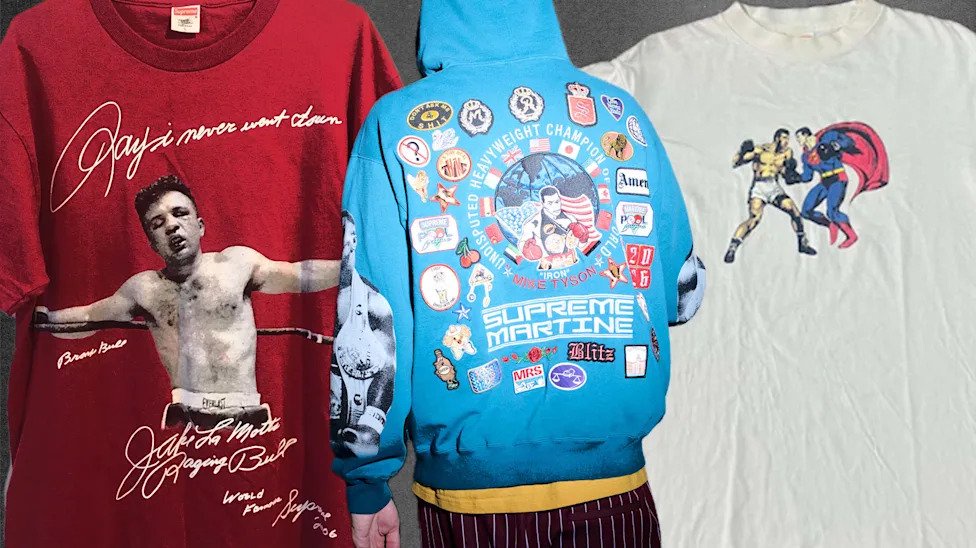 Supreme has a long history of boxing references including a Jake LaMotta tee in 2006, Mike Tyson collection with Martine Rose in 2026, and Sueprman vs. Muahmmad Ali tee in 2000.