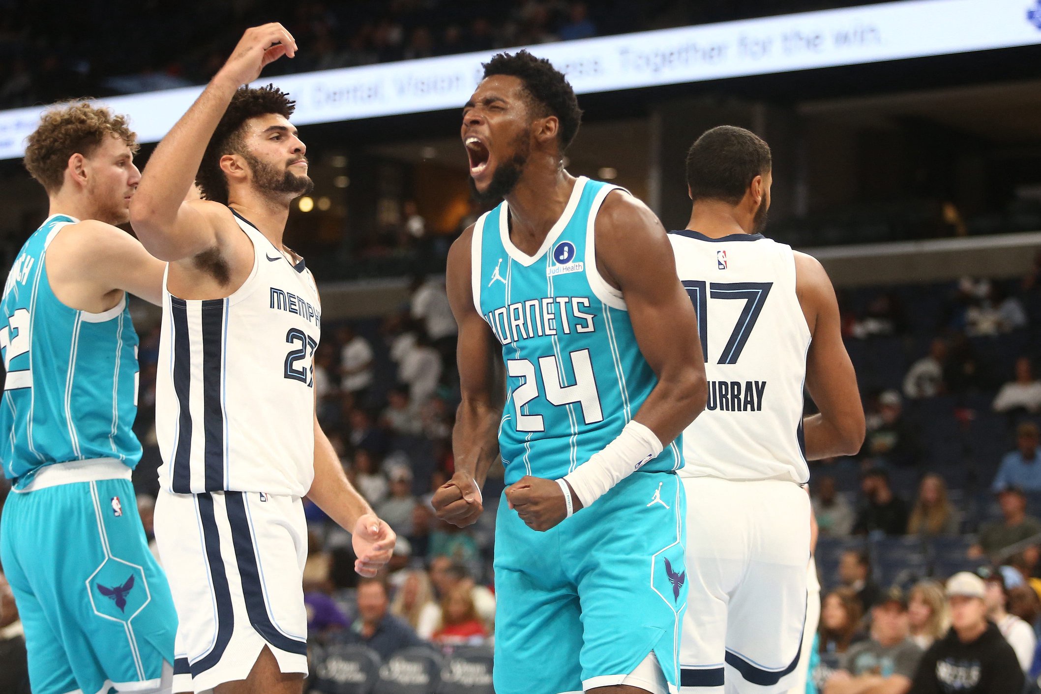 Oct 16, 2026; Memphis, Tennessee, USA;  Charlotte Hornets forward Brandon Miller (24) reacts during the third quarter against the Memphis Grizzlies at FedExForum.  Mandatory Credit: Petre Thomas-Imagn Images