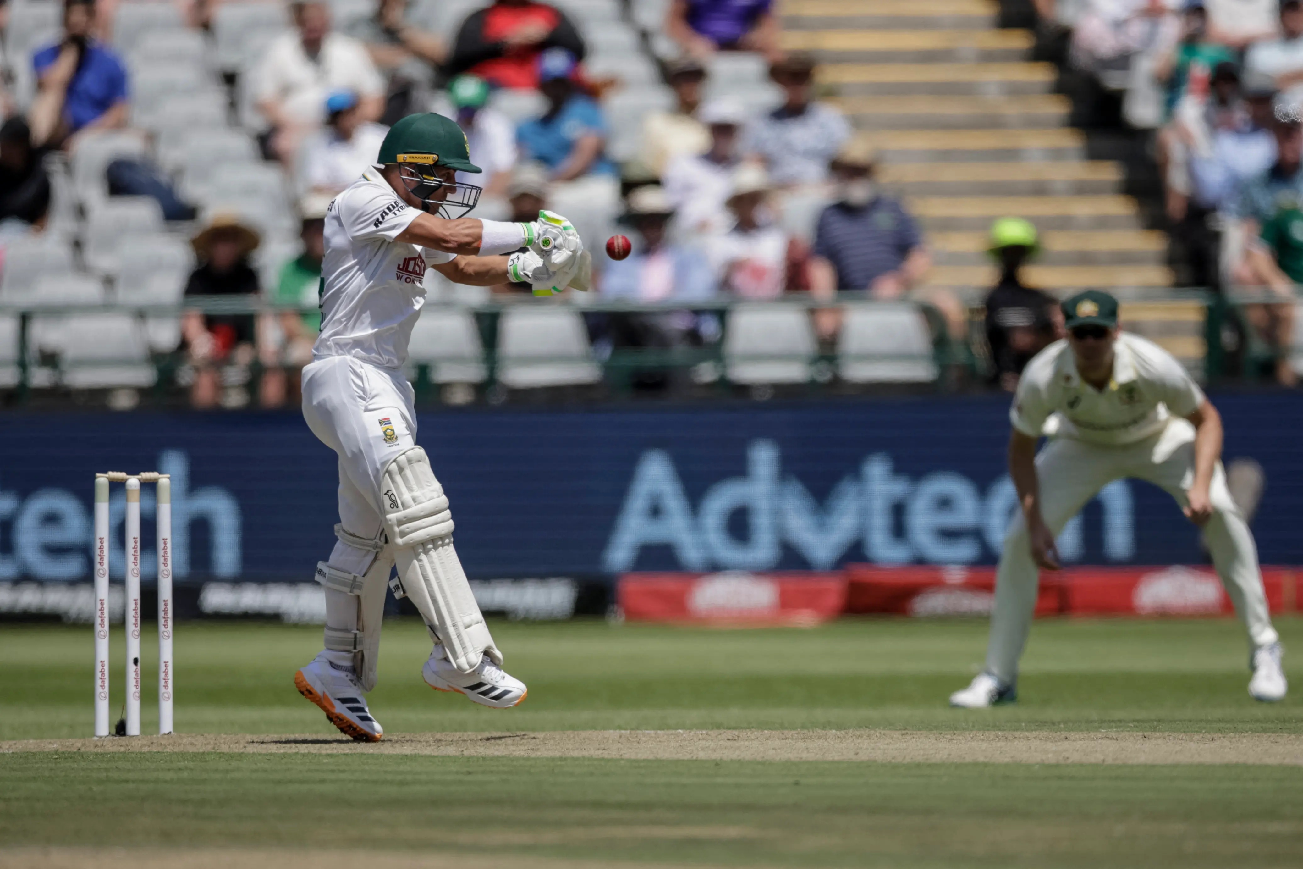South Africa's Marques Ackerman hits a four on day one of the third Test match between South Africa and Australia at Newlands stadium in Cape Town