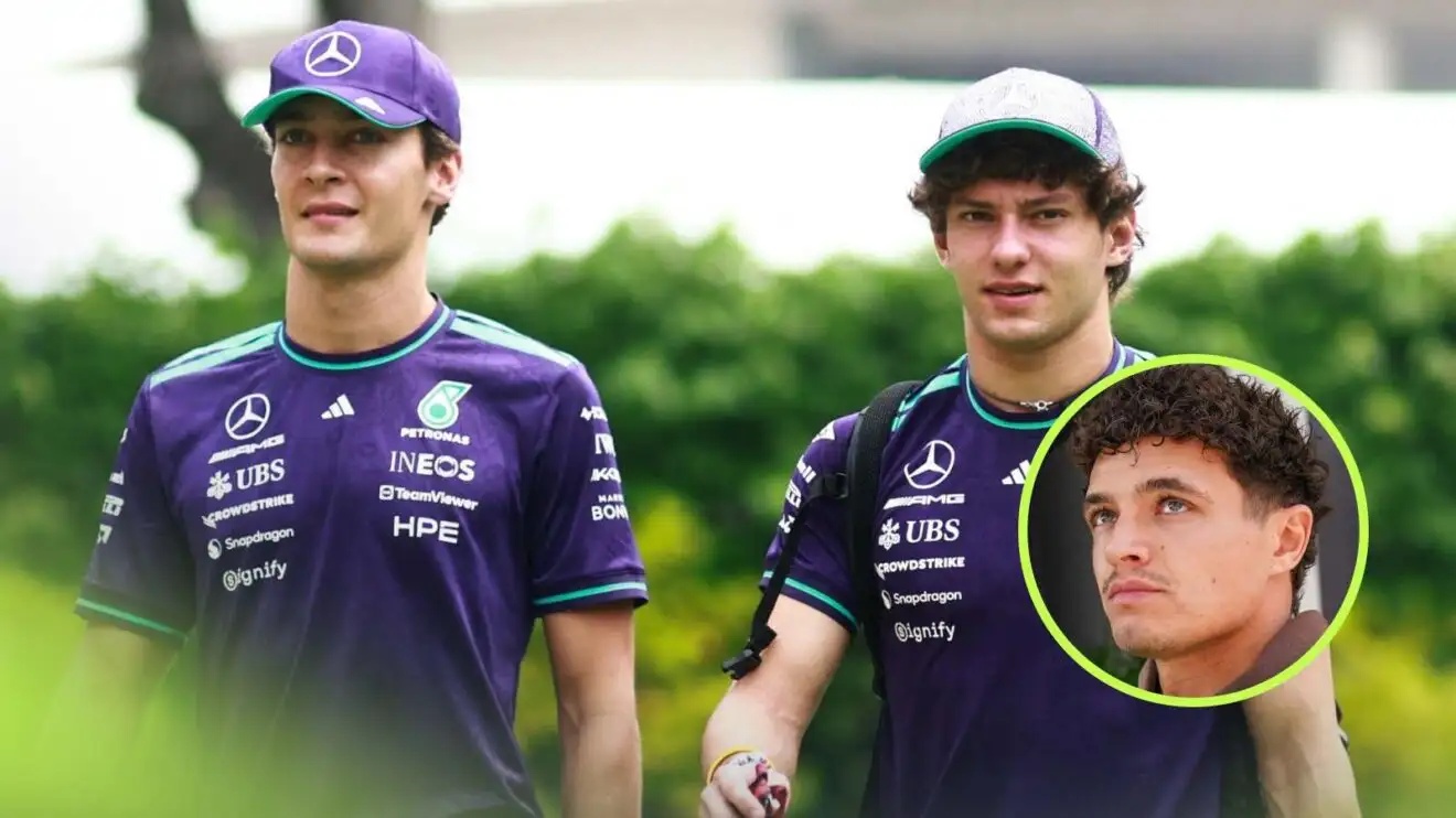George Russell and Kimi Antonelli with Lando Norris inset.