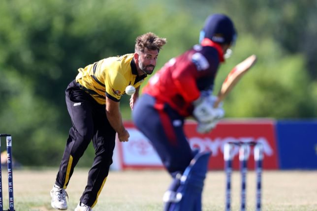 EXTON, PA - JULY 30: Liam Plunkett #17 of The Philadelphians bowls during a game between New Jersey Stallions and The Philadelphians at Exton Park on July 30, 2022 in Exton, Pennsylvania. (Photo by Andy Mead/ISI Photos/Getty Images)