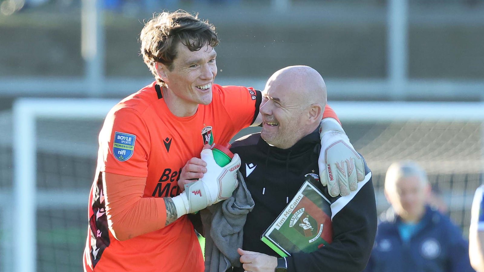 Glentoran joint caretaker boss Tim McCann and goalkeeper Andrew Mills at the end of the last-gasp 1-0 win over Limavady United at the Oval