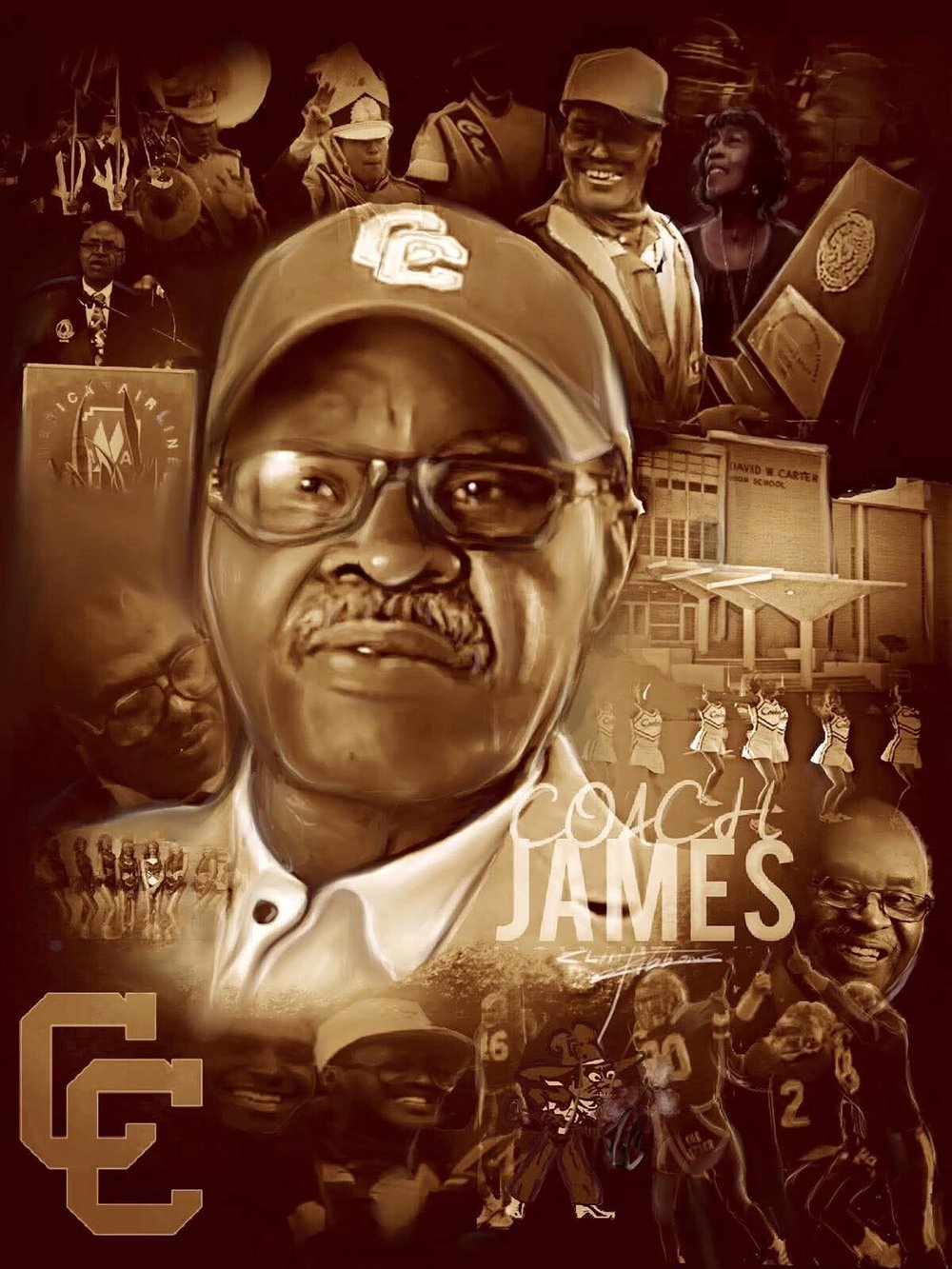 Collage illustration honoring Coach James, featuring a central portrait of him in a cap and glasses, surrounded by sepia-toned images of marching band members, cheerleaders, football players, and school scenes.