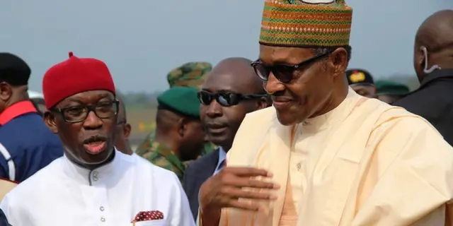 President Muhammadu Buhari (R) and Delta State Governor, Ifeanyi Okowa. [Twitter/@BashirAhmaad]