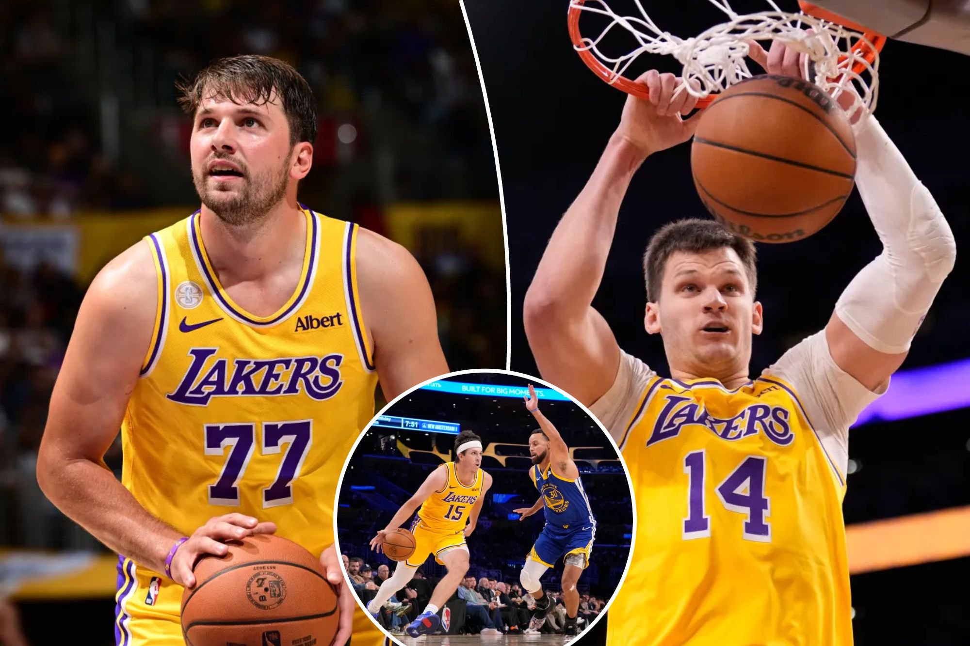 An image collage containing 3 images, Image 1 shows Luka Doncic prepares to shoot a free throw during a game against the Golden State Warriors, Image 2 shows Los Angeles Lakers center Walker Kessler dunks the basketball, Image 3 shows Los Angeles Lakers guard Austin Reaves drives past Golden State Warriors guard Stephen Curry during an NBA basketball game