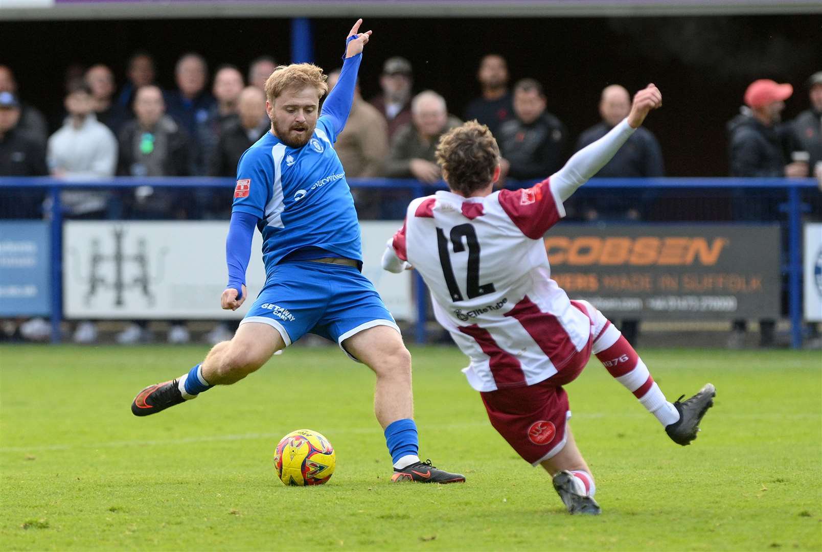 Callum Page fired in for Bury Town against Stourbridge in stoppage time. Picture: Mecha Morton