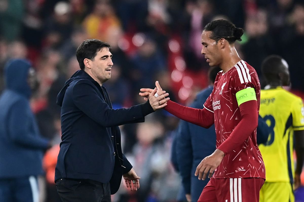 Liverpool head coach Andoni Iraola with captain Virgil van Dijk after the UEFA Champions League match against Villarreal CF at Anfield on October 20 2026
