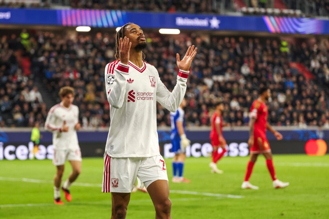 Bradley Barcola pictured after scoring for Liverpool during their UEFA Champions League match against LASK Linz