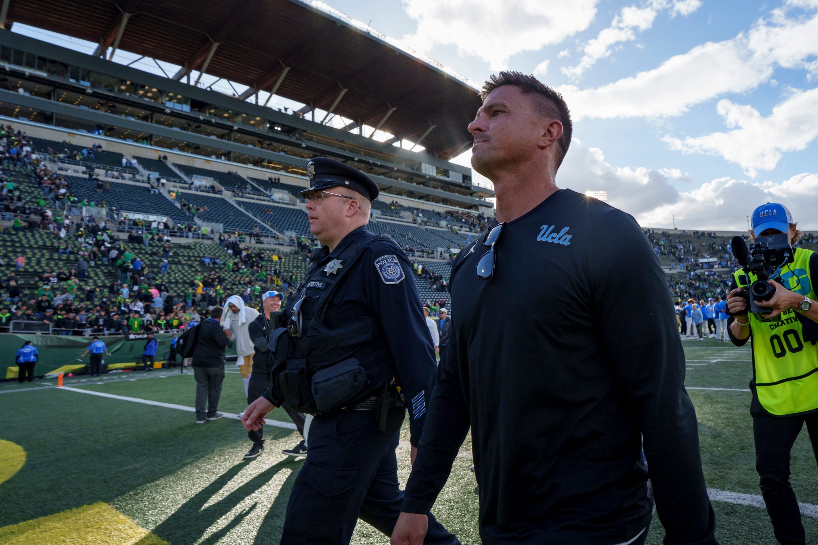 UCLA head coach Bob Chesney walks off the field after his win as the Oregon Ducks host the UCLA Bruins on Oct. 10, 2026, at Autzen Stadium in Eugene, Oregon.
