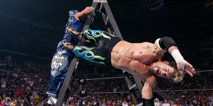 Eddie Guerrero and Rey Mysterio during their ladder match at SummerSlam 2005