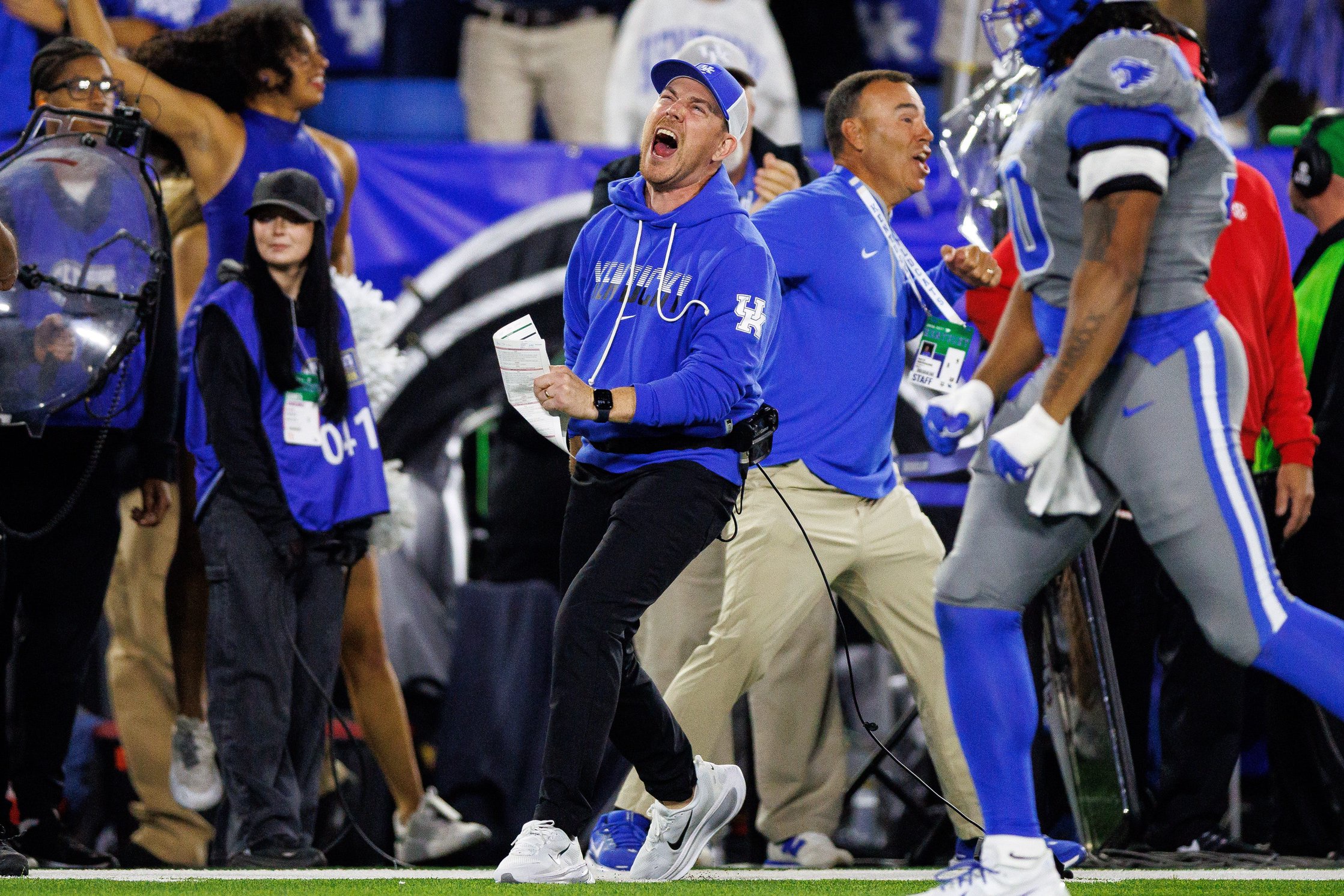 Oct 24, 2026; Lexington, Kentucky, USA;  Kentucky Wildcats head coach Will Stein celebrates an interception during the third quarter against the Vanderbilt Commodoresat Kroger Field.  Mandatory Credit: Jordan Prather-Imagn Images