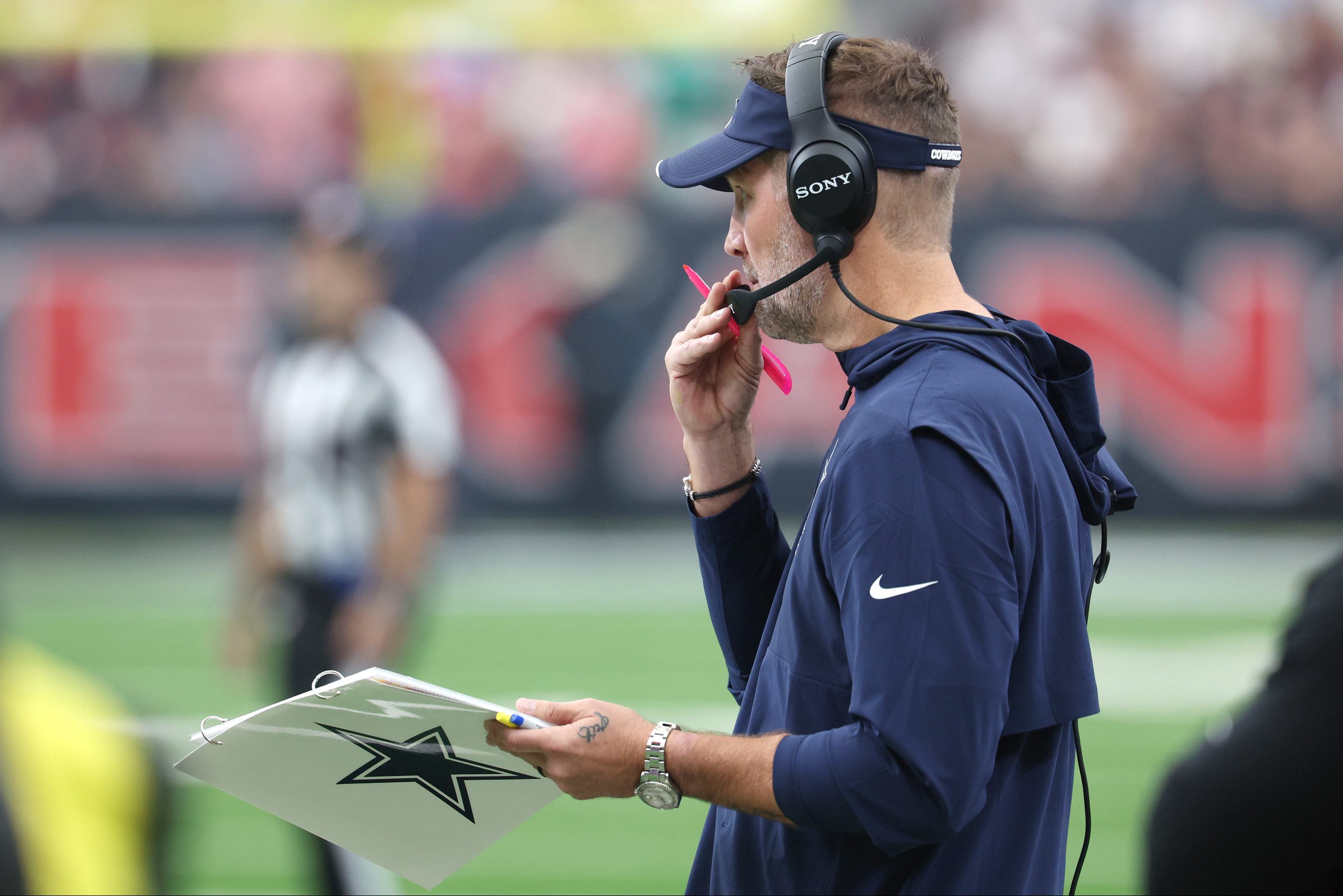 Oct 4, 2026; Houston, Texas, USA;  Dallas Cowboys head coach Brian Schottenheimer on the sidelines during the second half against the Houston Texans at Reliant Stadium.  Mandatory Credit: Thomas Shea-Imagn Images