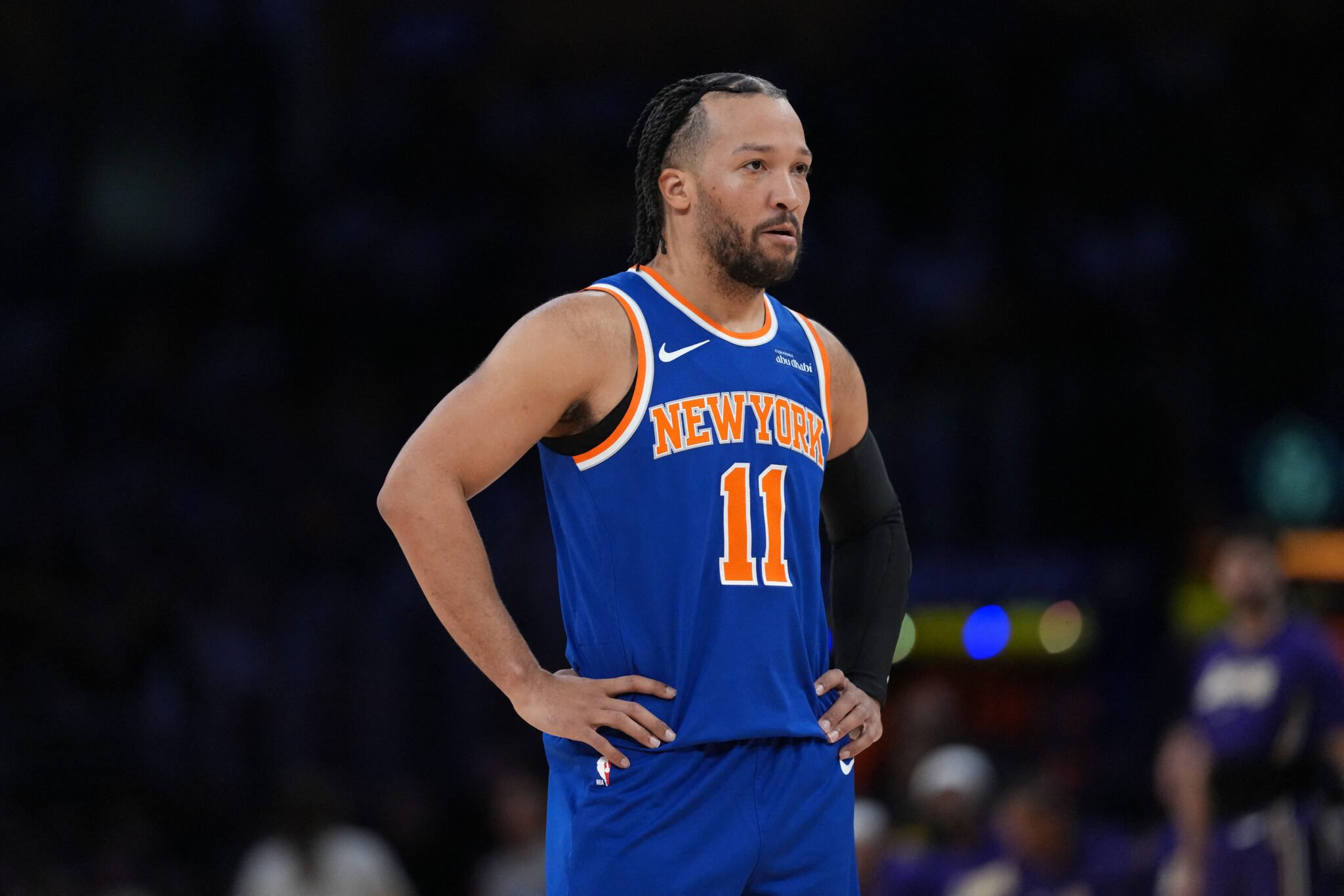 Mar 8, 2026; Los Angeles, California, USA; New York Knicks guard Jalen Brunson (11) watches in the first half against the Los Angeles Lakers at Crypto.com Arena. Mandatory Credit: Kirby Lee-Imagn Images