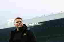 Eddie Howe, manager of Newcastle United, looks on prior to the Premier League match between Newcastle United and Everton FC at St. James Park on Ap...