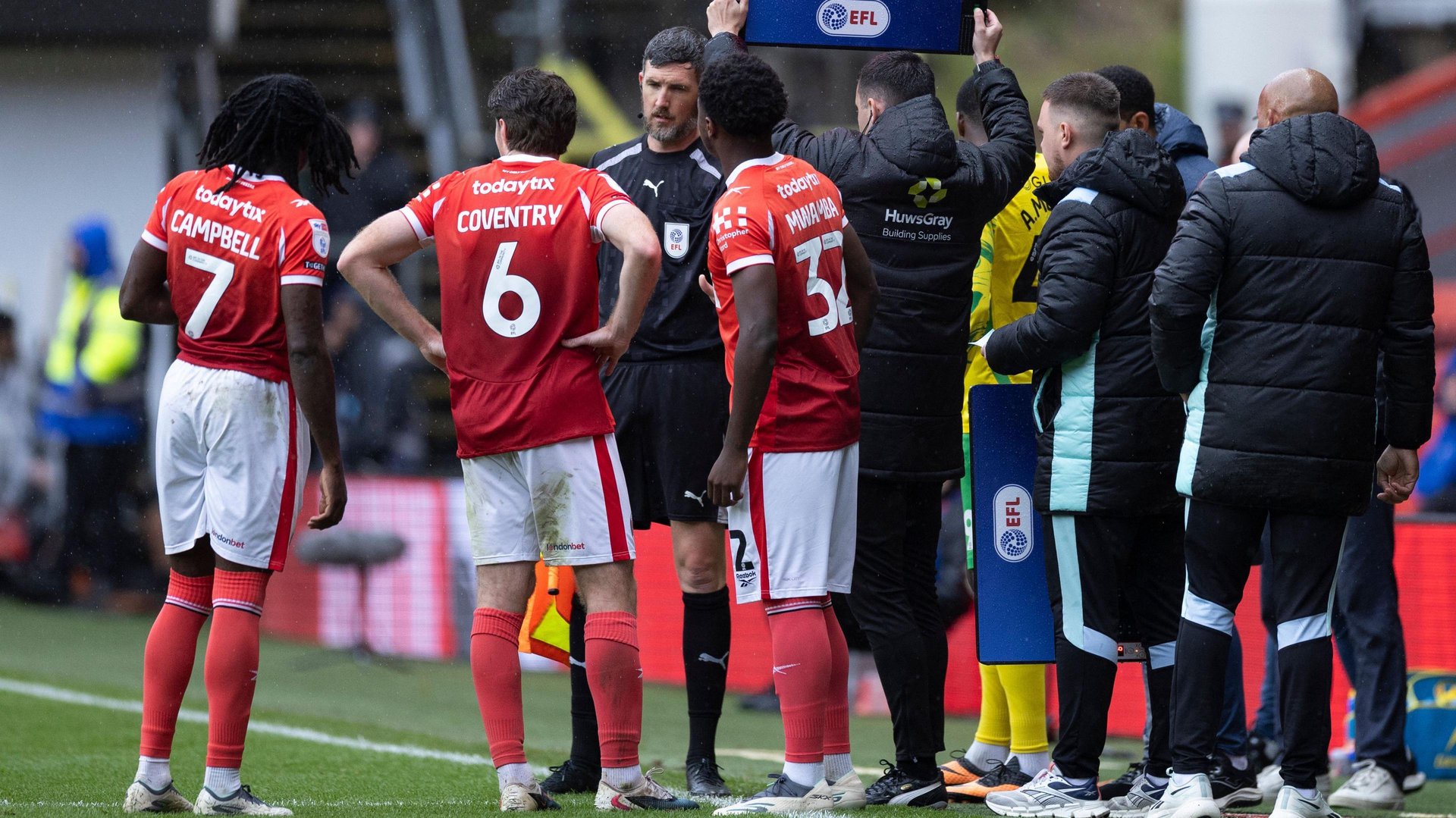 Charlton players huddle together waiting for the substitution board to be presented during their match against Norwich City