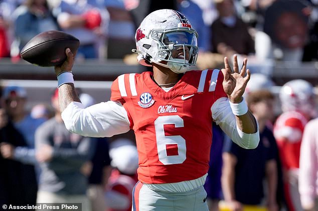 Mississippi quarterback Trinidad Chambliss (6) throws a pass during the first half of an NCAA college football game against Missouri, Saturday, Oct. 17, 2026, in Oxford, Miss. (AP Photo/Rogelio V. Solis)