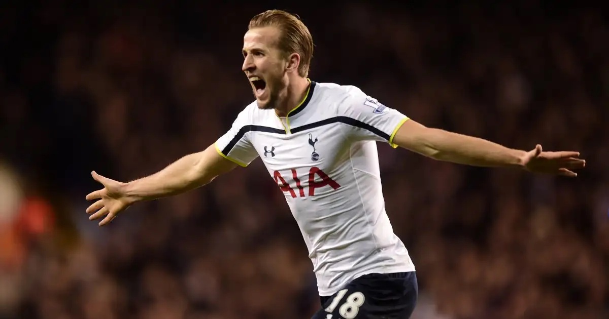 Harry Kane celebrates scoring against Chelsea for Tottenham in January 2015.