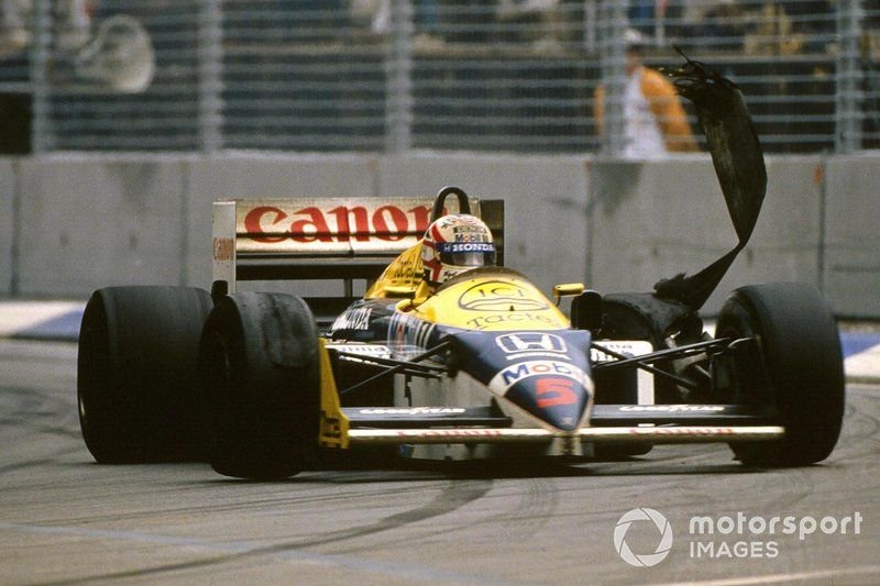 Mansell's hopes of winning the 1986 title dramatically ended with an exploding tyre at the Australia finale