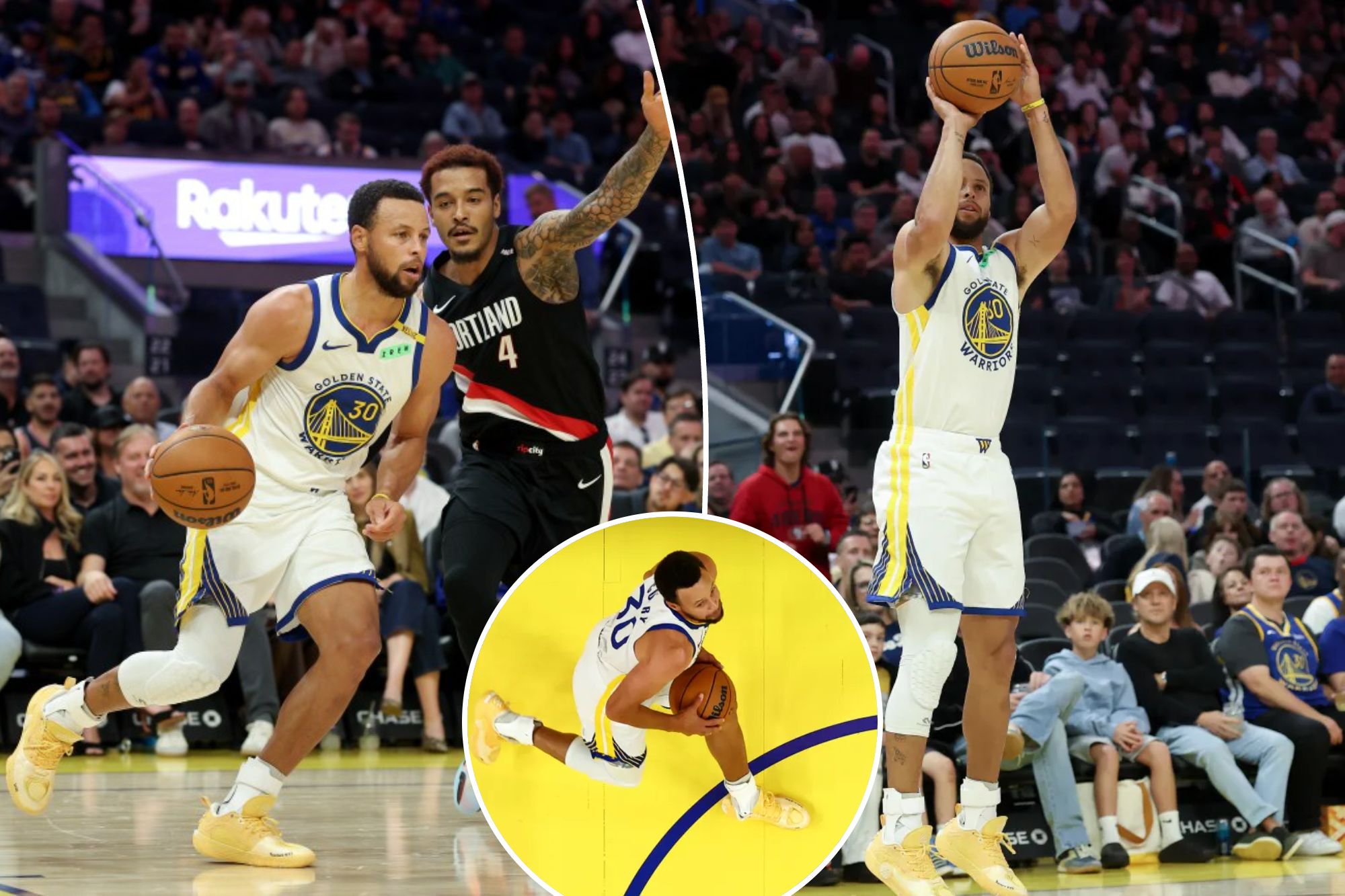 An image collage containing 3 images, Image 1 shows Stephen Curry of the Golden State Warriors dribbles the ball past a Portland Trail Blazers defender during a game, Image 2 shows Stephen Curry shoots the ball during a game, Image 3 shows Stephen Curry of the Golden State Warriors drives toward the basket for a layup