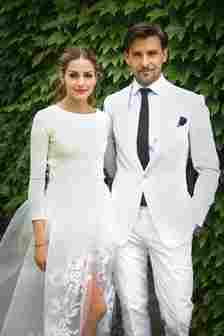Image may contain Olivia Palermo Blazer Clothing Coat Jacket Formal Wear Suit Adult Person Wedding and Dress