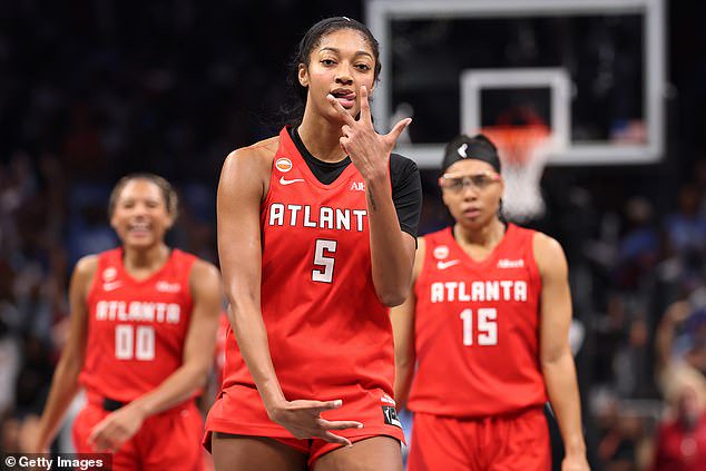 Angel Reese reacts after draining a 3-pointer in Thursday's matinee win over the Valkyries