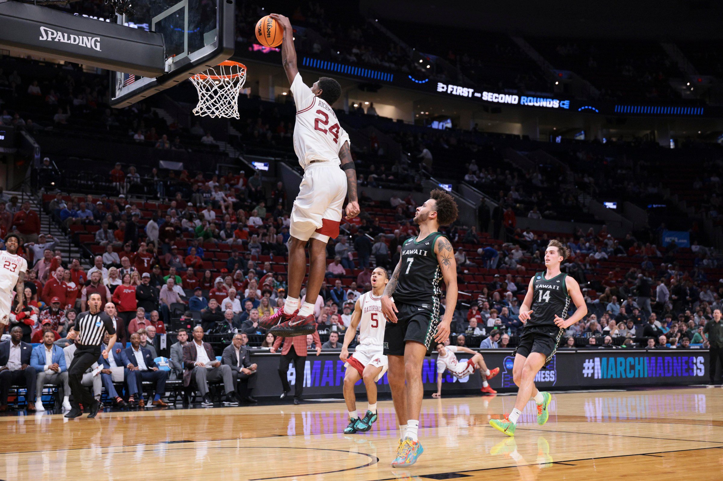 PORTLAND, OREGON - MARCH 19: Forward Billy Richmond III #24 of the Arkansas Razorbacks dunks the ball during the second half of the game in the first round of the 2026 NCAA Men’s Basketball Tournament held at Moda Center on March 19, 2026 in Portland, Oregon. (Photo by C. Morgan Engel/NCAA Photos via Getty Images)