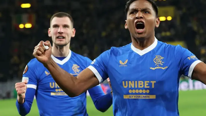 DORTMUND, GERMANY - FEBRUARY 17: Alfredo Morelos celebrates after scoring to make it 4-1. during a UEFA Europa League Last 32 first leg match between Borrusia Dortmund and Rangers at the Signal Iduna Park, on February 17, 2022, in Dortmund, Germany. (Photo by Alan Harvey / SNS Group)
