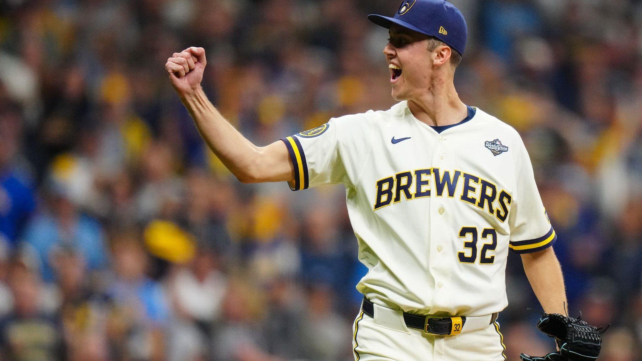 The Milwaukee Brewers' starting pitcher Jacob Misiorowski celebrates