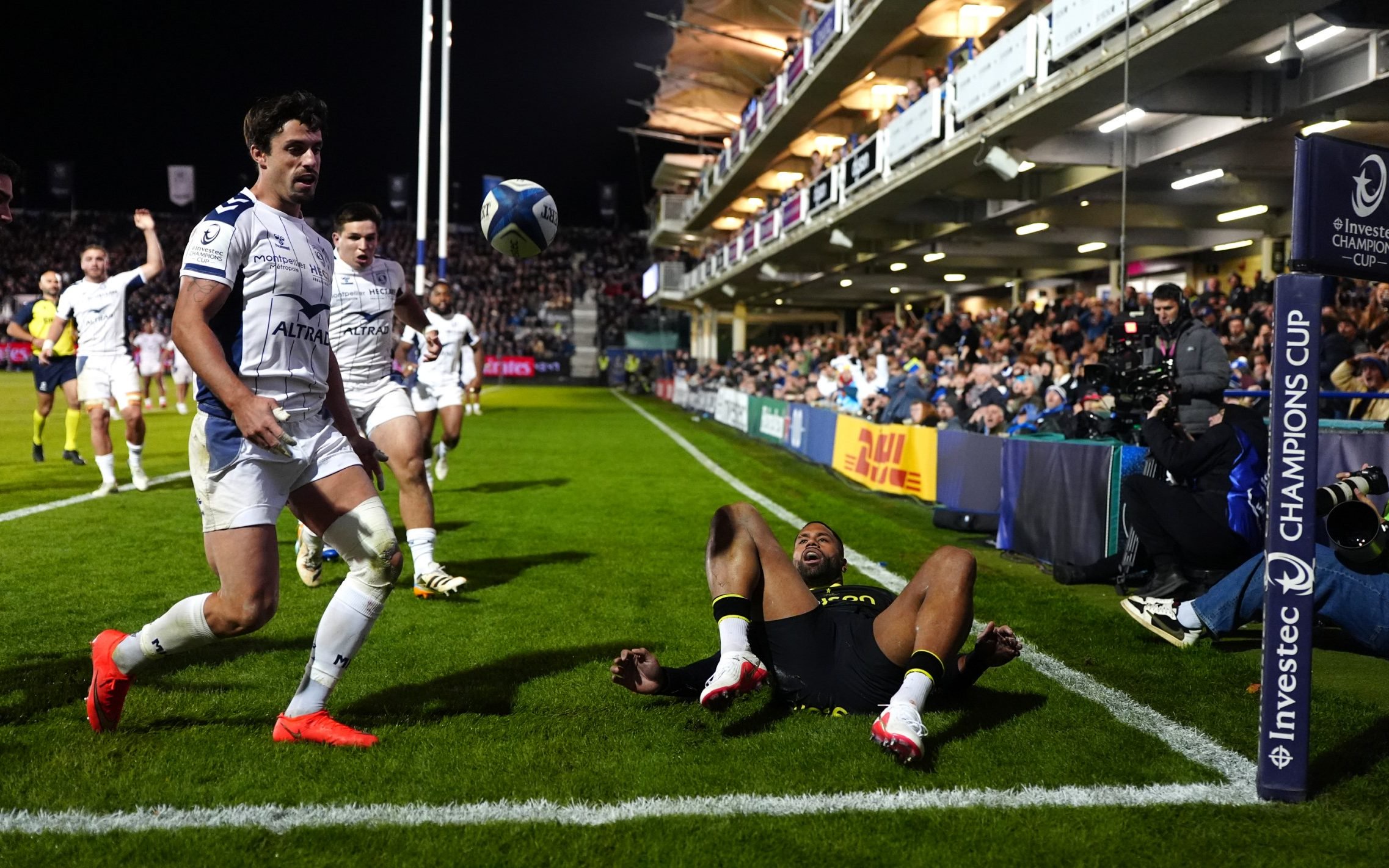 Joe Cokanasiga lies on the floor after failing to claim a ball for a try that could have proved decisive for Bath