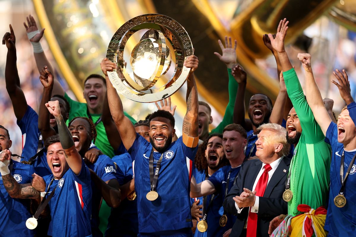 Reece James #24 of Chelsea FC lifts the FIFA Club World Cup trophy after their team's victory following the FIFA Club World Cup 2025 Final match between Chelsea FC and Paris Saint-Germain