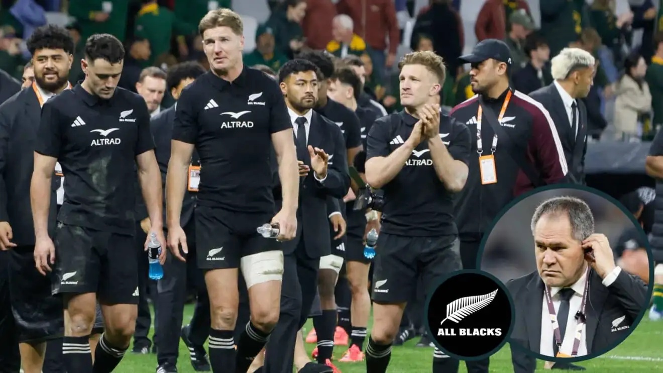All Blacks players during Springboks series and head coach Dave Rennie (inset).