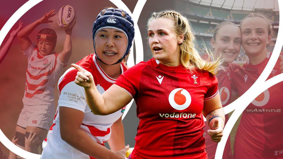 Japan's Yuna Sato and Moe Tsukui on the left, Wales' Alex Callender, Nel Metcalfe and Branwen Metcalfe on the right