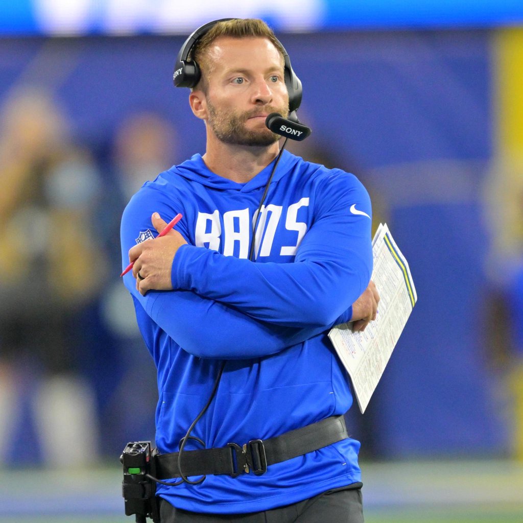 Los Angeles Rams head coach Sean McVay looks on.