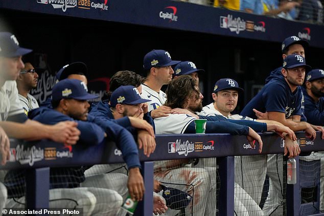 The Tampa Bay Rays watch during the eighth inning of Game 5 of baseball's World Series, Wednesday, Oct. 28, 2026, in St. Petersburg, Fla., between the Milwaukee Brewers and the Tampa Bay Rays. (AP Photo/Ashley Landis)