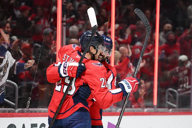 Washington Capitals right wing Alex Tuch, right, celebrates his goal with defenseman Jack St. Ivany, left, during the first period of an NHL hockey game, Wednesday, Oct. 28, 2026, in Washington. (AP Photo/Nick Wass)