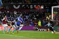 Axel Disasi of Chelsea scores a goal that is ruled out by VAR for a foul in the build up during the Premier League match between Aston Villa and Ch...