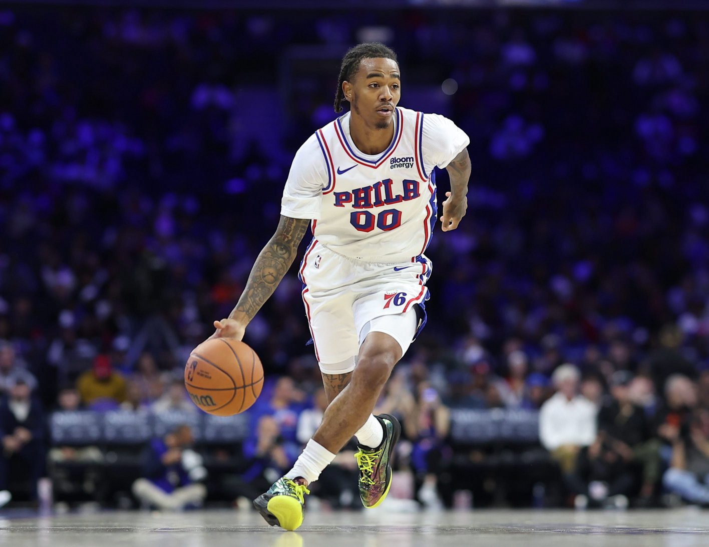 Oct 5, 2026; Philadelphia, Pennsylvania, USA; Philadelphia 76ers guard Labaron Philon Jr. (00) controls the ball against the New York Knicks during the third quarter at Xfinity Mobile Arena. Mandatory Credit: Bill Streicher-Imagn Images