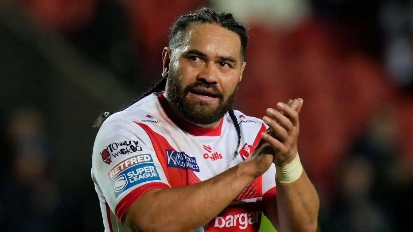 Konrad Hurrell applauds the St Helens supporters following a game in 2024