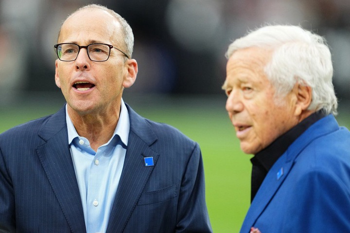 Jonathan Kraft (left) and Robert Kraft (right) during a Patriots game in October 2023.