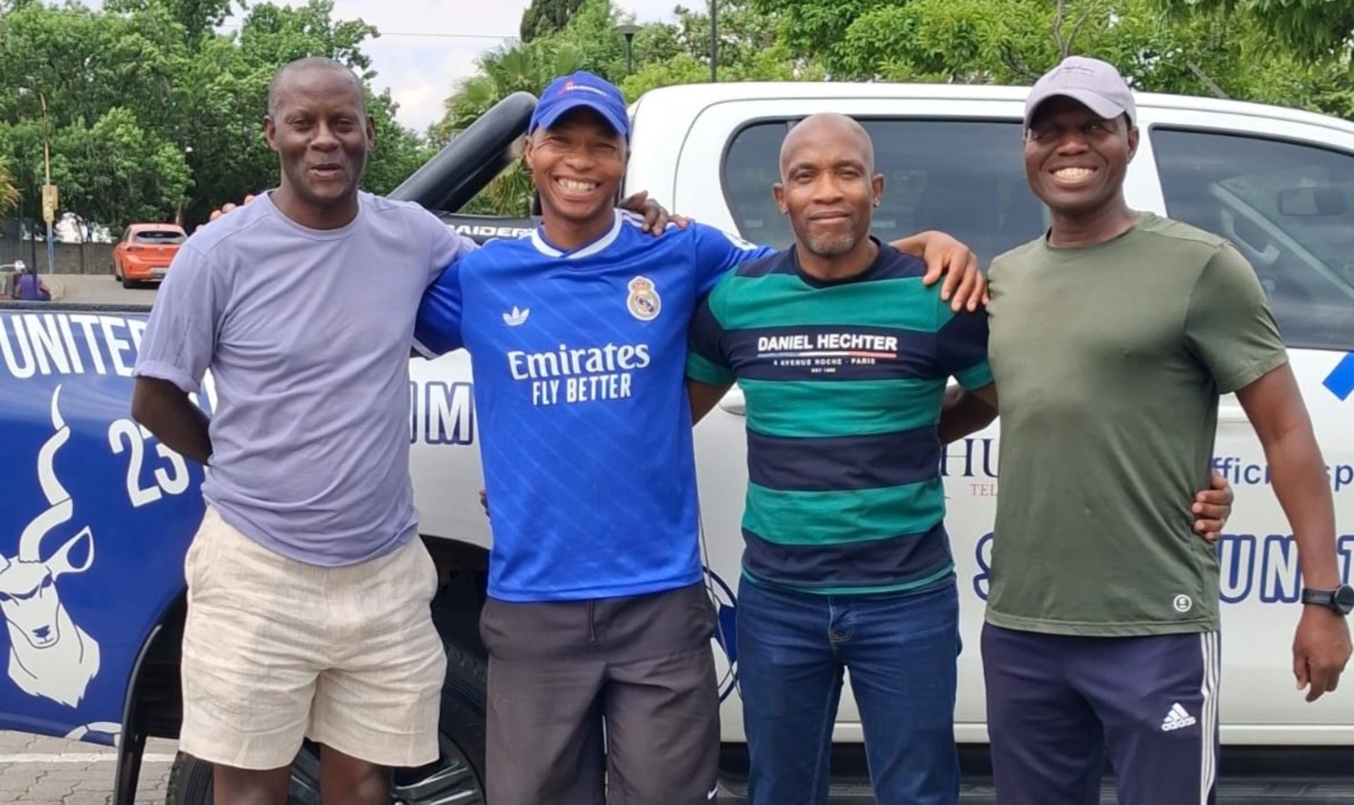 Mpho Maleka and Helman Mkhalele with coaches on their way to Lesotho