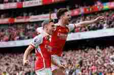Leandro Trossard of Arsenal celebrates scoring the second goal with Declan Rice during the Premier League match between Arsenal FC and AFC Bournemo...
