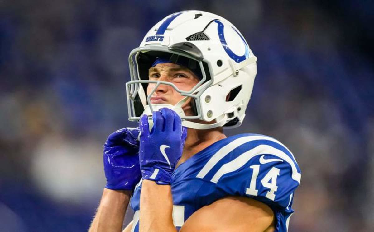 Indianapolis Colts wide receiver Alec Pierce (14) adjusts his helmet Sunday, Sept. 13, 2026, ahead of the game against the Baltimore Ravens at Lucas Oil Stadium in Indianapolis.