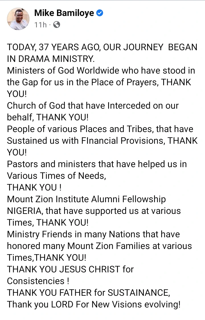 Evangelist Mike Bamiloye Shares Throwback Picture As Mount Zion Celebrates 37th Anniversary
