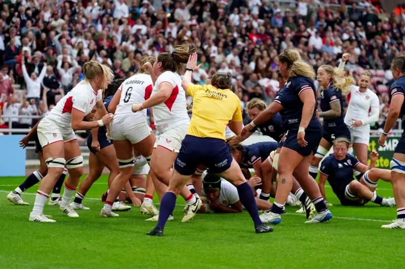 England's Sadia Kabeya (centre, bottom) scores her side's first try during the Women's Rugby World Cup 2025 Pool A match at the Stadium Of Light, Sunderland