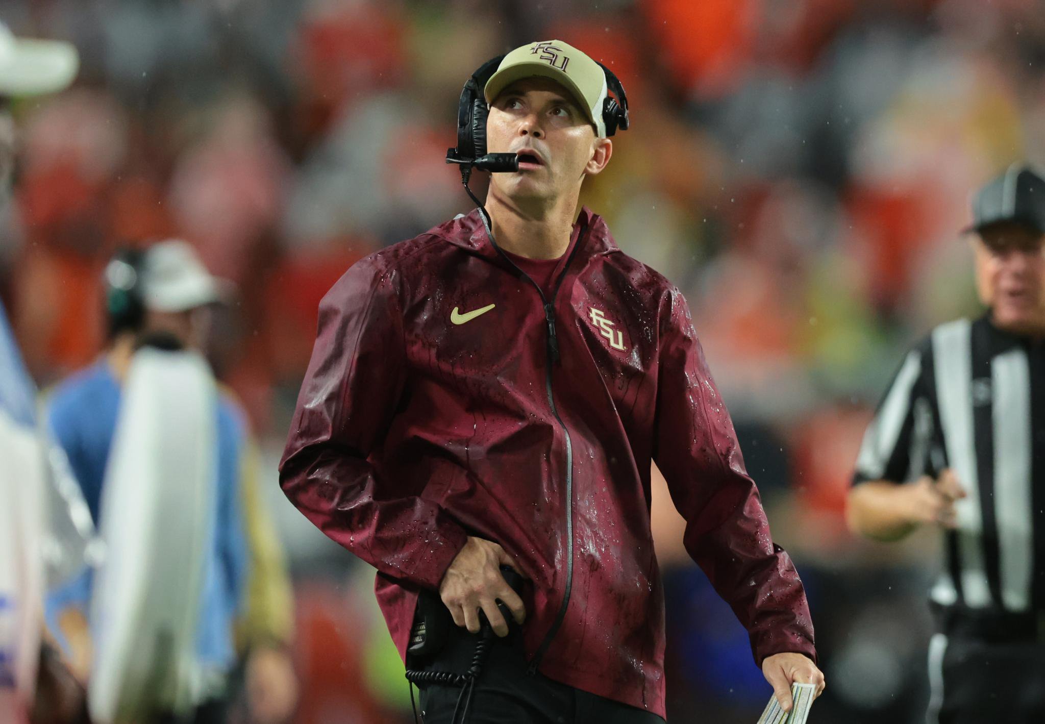 Florida State Seminoles head coach Mike Norvell reacts on the sideline during a game against the Miami Hurricanes.