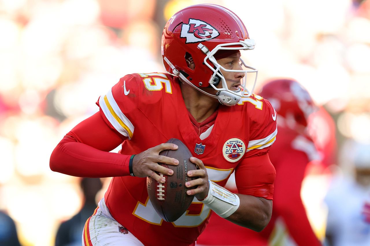 Patrick Mahomes #15 of the Kansas City Chiefs looks to pass against the Los Angeles Chargers in the second quarter of a game at Arrowhead Stadium on Oct. 18, 2026.Credit: Jamie Squire/Getty