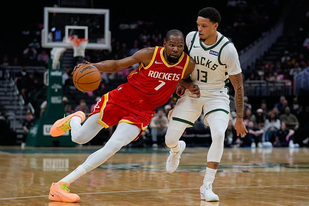 Houston Rockets forward Kevin Durant (7) handles the ball against Milwaukee Bucks guard Ryan Rollins (13) during the first half of an NBA basketball game Wednesday, Oct. 28, 2026, in Milwaukee. (AP Photo/Kayla Wolf)